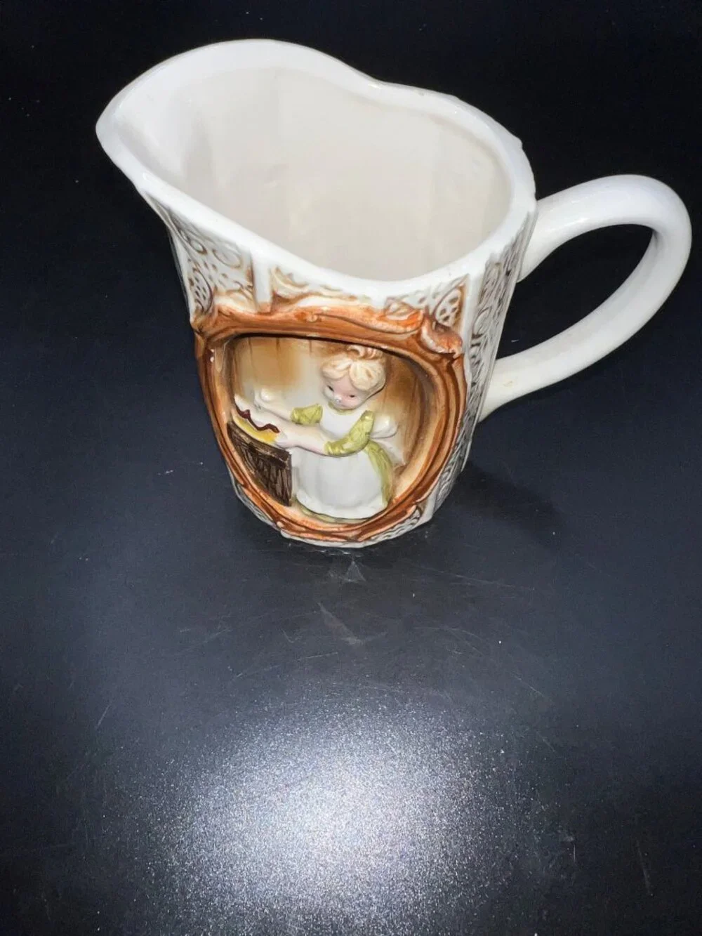 Sears Roebuck 1978 Japan Ceramic Creamer Pitcher Embossed Girl Design Vintage